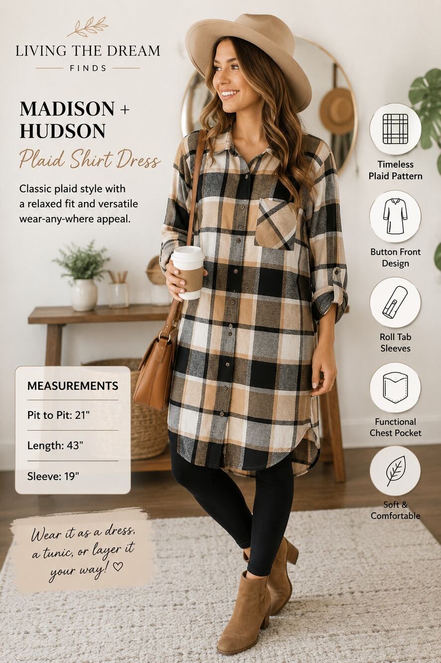 Madison + Hudson Women’s Plaid Button Shirt Dress size L Tunic Roll Tab Sleeve